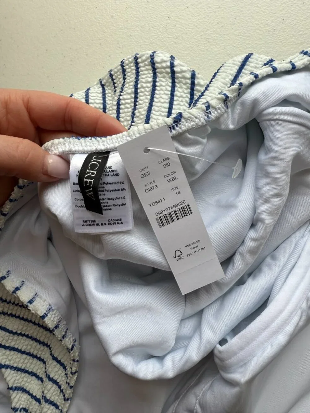 🏷 *NWT* J.Crew Scrunchie One Piece Swimsuit White Blue Stripe Size 14 🌊